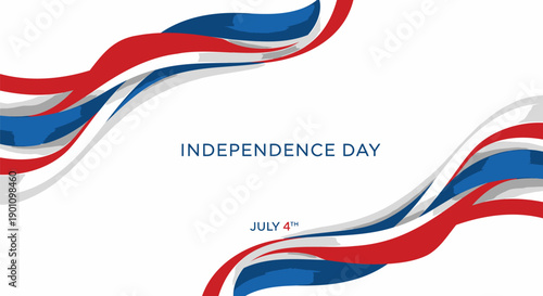 Independence Day banner with red, white, and blue wavy ribbons, July 4th text, vector illustration for poster or social media