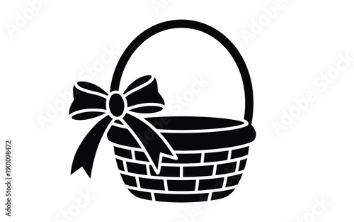 Black and white illustration of a woven basket with a bow on the handle isolated on a plain background