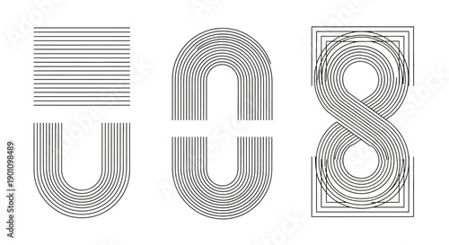 Abstract geometric shapes composed of parallel lines, forming stylized letters or symbols.