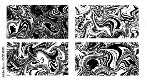 Four abstract black and white marble patterns with swirling liquid textures.