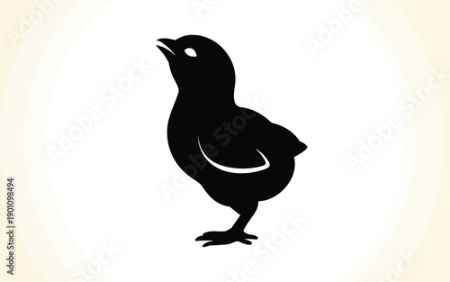 Black silhouette bird standing on one leg with open beak on white background with beige border