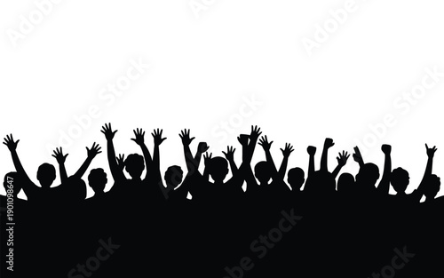 Silhouette of a crowd of people with raised hands in a celebratory gesture on a white background symbolizing excitement and joy in a lively event or festival atmosphere