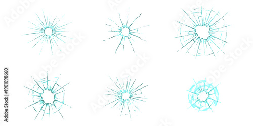 Collection of six realistic shattered glass or broken window effects with radiating cracks on a white background, vector illustration