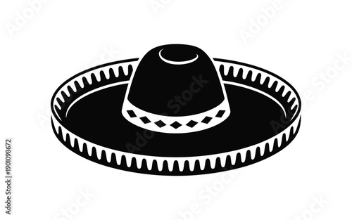 Black and white sombrero hat with decorative border traditional mexican headwear on white background