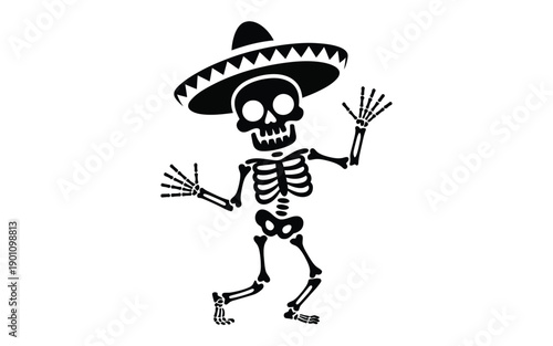 Da de los muertos skeleton wearing sombrero dancing festive black and white illustration