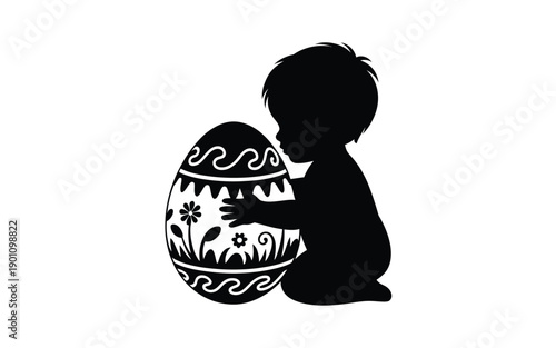 Silhouette of a child holding a decorated easter egg with floral patterns and swirls on a white background