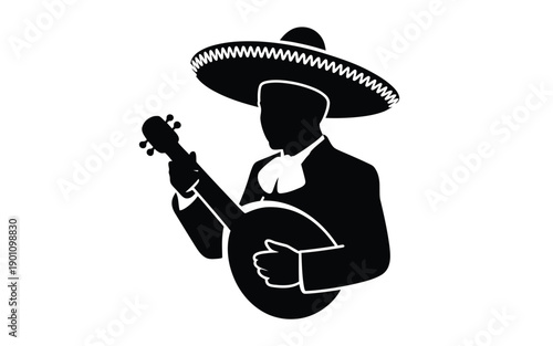 Mariachi musician playing guitar in traditional mexican sombrero and suit silhouette
