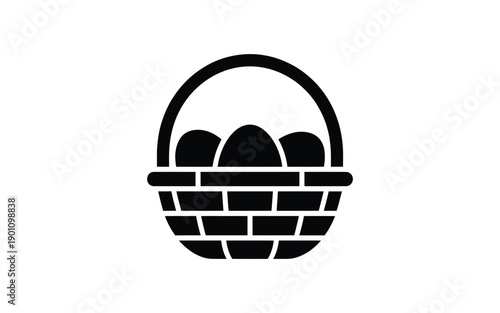 Black silhouette of a wicker basket filled with eggs on white background symbolizing easter or food