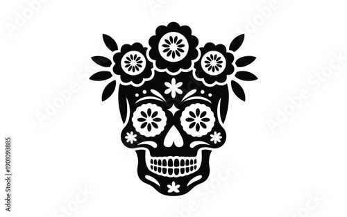 Day of the dead sugar skull design with floral pattern and decorative flowers on white background