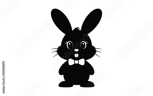 Black silhouette bunny with bow tie standing on white background cute easter character design element