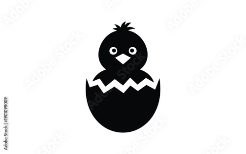 Black silhouette chick hatching from egg with white details on plain background