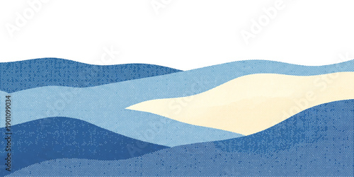 Abstract flowing landscape with layered wave shapes in cool blue and light yellow tones, detailed texture vector illustration