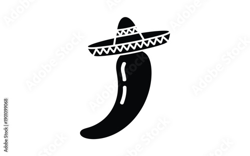 Black chili pepper wearing a traditional mexican sombrero hat on white background symbolizing spicy food and latin american culture