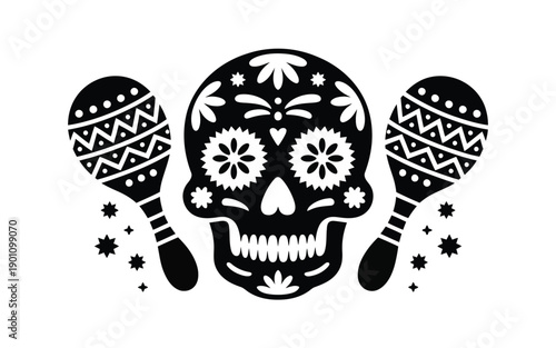 Day of the dead sugar skull with maracas and floral patterns on white background symbolizing celebration and music