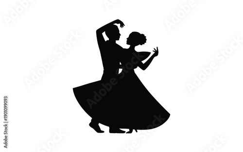 Silhouette of a romantic couple dancing together in elegant poses on a white background