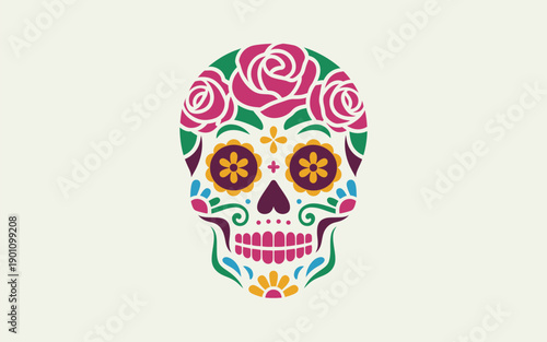 Vibrant sugar skull with colorful floral designs and roses on a white background for day of the dead celebrations and latin american cultural traditions