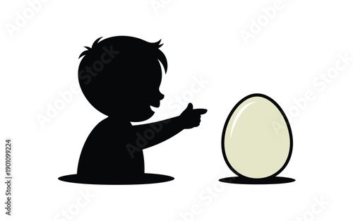Silhouette of child pointing at egg curiosity and wonder concept black and white illustration