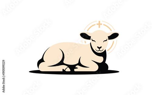 Cute lamb lying down with halo and cross symbol behind peaceful and serene animal illustration