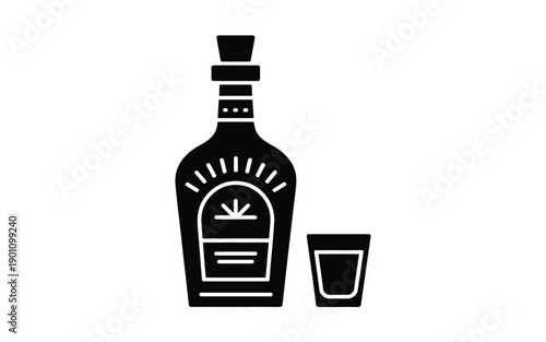 Black silhouette of liquor bottle with shot glass on white background symbolizing drinking and nightlife