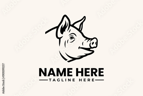 A minimalist line art illustration of a pig's head with a customizable name and tagline on a clean white background, featuring a logo and vector icon design.