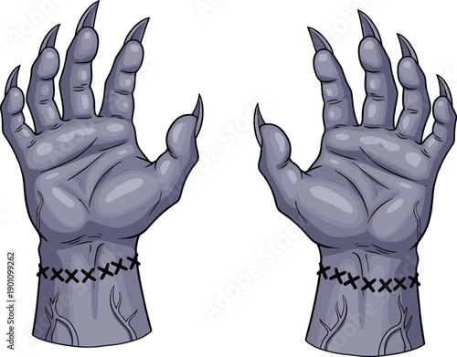 Creepy Blue Zombie Hands with Stitches and Sharp Claws Spooky Undead Monster Frankenstein Body Parts Illustration Isolated on White Background for Halloween Horror Graphic Design