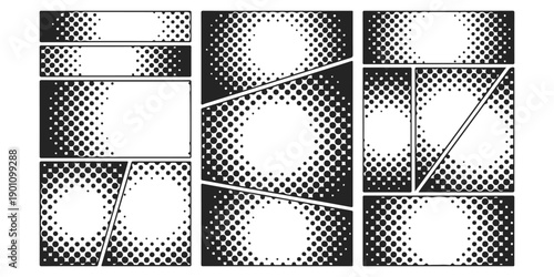 Monochrome comic book panel layout template with halftone dots and empty speech bubbles for storytelling vector illustration