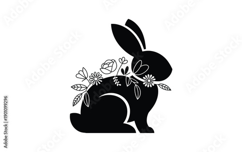 Black silhouette rabbit with floral wreath on white background for easter or spring decoration