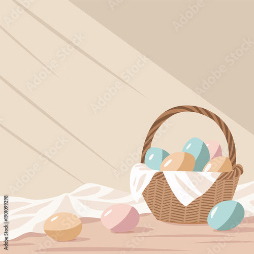 Easter Basket with Pastel Eggs on Soft Spring Background