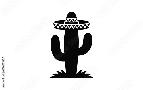 Black silhouette cactus wearing sombrero hat on white background symbolizing mexico and desert wildlife humorously