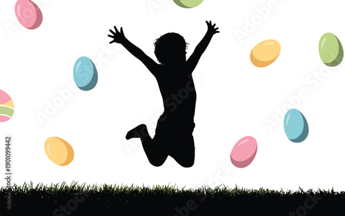 Silhouette of a joyful child jumping with colorful easter eggs floating around in the air on a white background