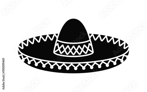 Black sombrero hat with white decorative stitching and trim on a plain background