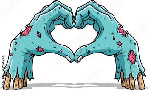 Creepy cartoon zombie hands making heart shape sign, undead blue skin with wounds and tattered sleeves, horror romantic vector illustration for Halloween designs.
