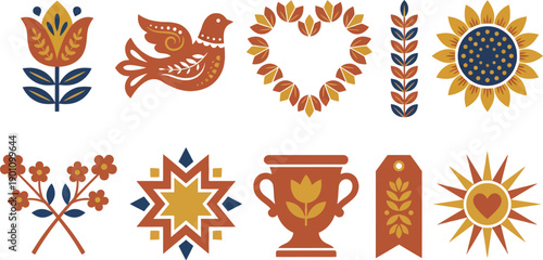 Mother's Day heritage and folk motifs collection with 10 elements terracotta mustard navy blue symmetrical folk art flower ornamental bird heart wreath geometric petals border leaf sunflower crossed 