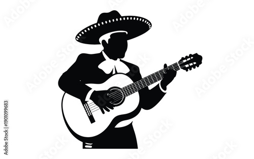 Man in sombrero playing guitar mariachi musician silhouette latin american music icon cultural symbol