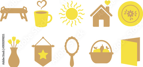 Optimistic home and sunshine appreciation icons with 10 elements banana yellow canary yellow warm tan breakfast tray coffee mug heart steam sun wavy rays house chimney plate floral vase stems banner 