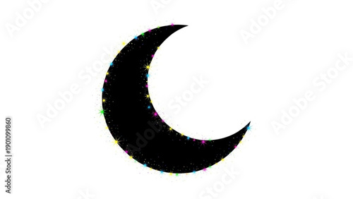 Black crescent moon symbol with multicolor glitch effect on white background representing night sky and celestial body in distressed digital art style