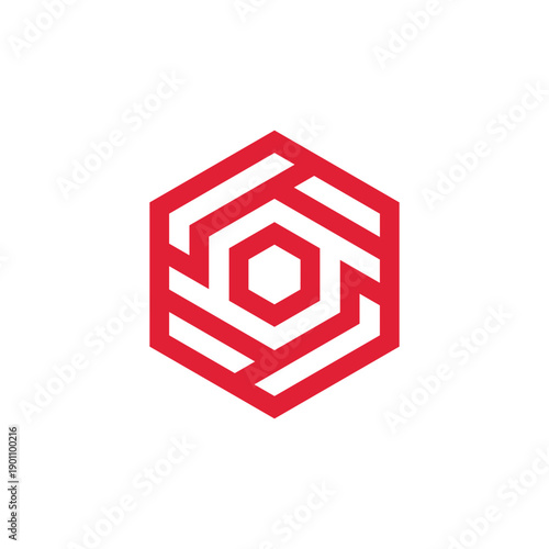 Abstract Geometric Hexagon Logo Design with Interlocking Lines in Red on White Background