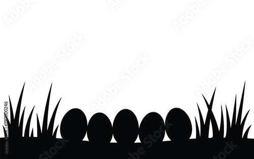 Four black eggs in a row on the ground surrounded by grass silhouettes on white background