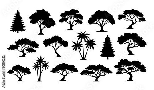 Collection of Diverse Tree Silhouettes Representing Forests and Global Ecosystems Vector