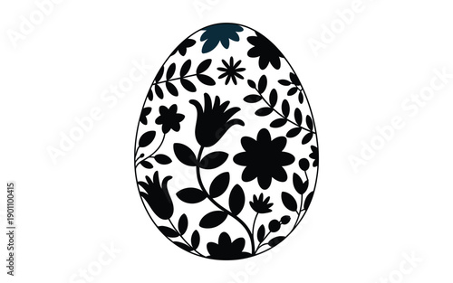 Easter egg with black floral pattern on white background symbolizing spring and holiday decoration