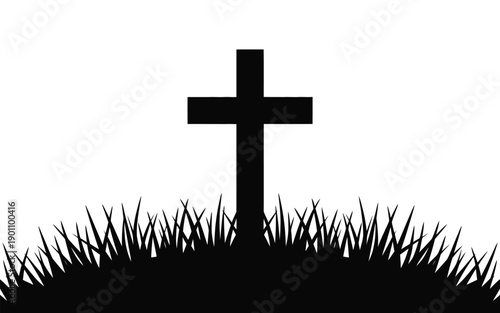 Simple black cross silhouette on grassy hill against white background symbolizing faith and spirituality in a minimalist design
