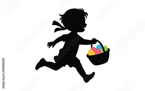 Silhouette of a little girl running with an easter basket filled with colorful eggs on white background