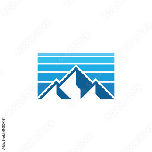 Abstract geometric mountain range illustration with horizontal blue stripes symbolizing sky or water, perfect for outdoor and adventure branding