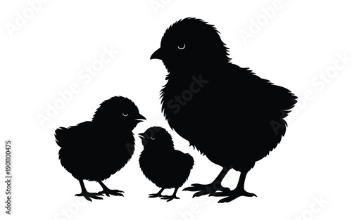 Mother hen and chicks silhouette family portrait in black