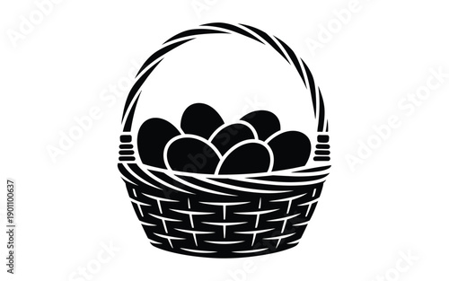 Black and white illustration of a wicker basket filled with eggs on a plain background