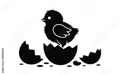 Black silhouette of a chick emerging from a broken eggshell on white background symbolizing birth and new life