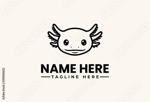 Black and white illustration of an axolotl logo with wings, text 'NAME HERE' and 'TAGLINE HERE' on a beige background, vector style graphic design element.
