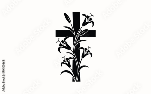 Black cross symbol with floral design on white background representing faith and spirituality