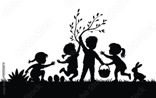 Children on easter egg hunt with basket and bunny silhouette