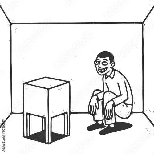 grinning man squatting in a bare room, staring at a simple object, evoking madness and isolation sketch engraving generative ai vector illustration. Scratch board imitation. Black and white image.
